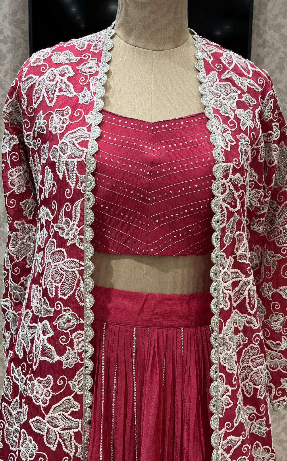 Rani Pink Silver Zari, Thread and Sequins work Long Overcoat Styled Crop Top Lehenga