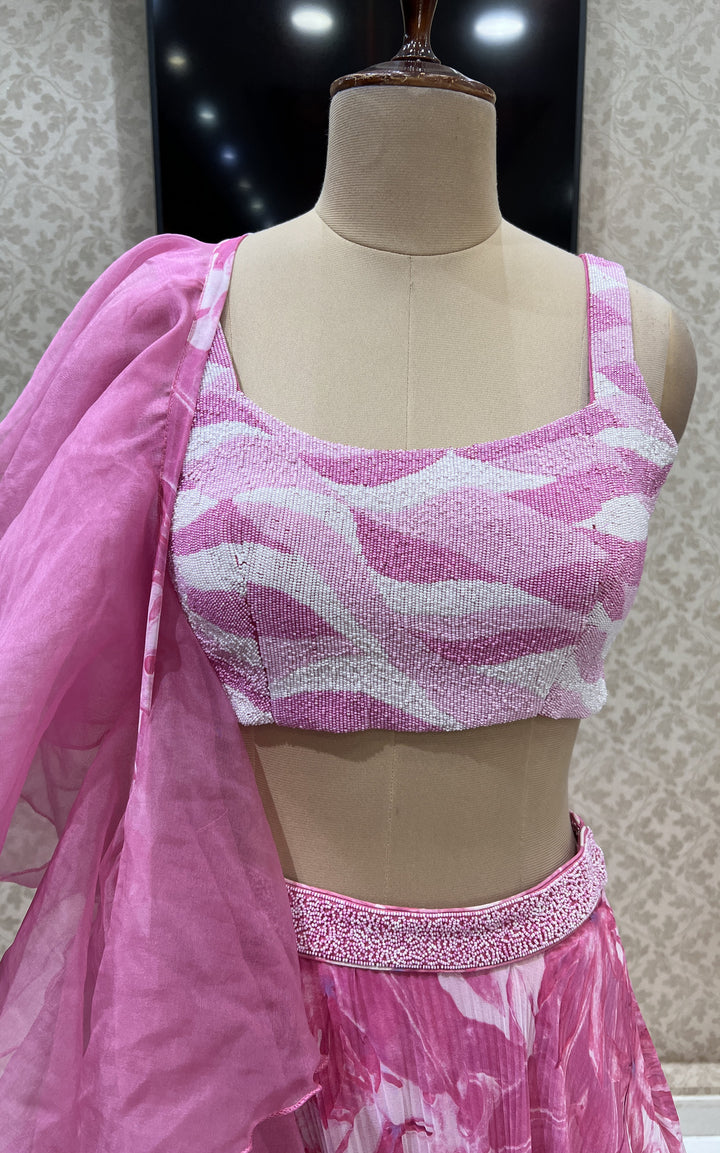 Pink Pearl work with Printed Crop Top Lehenga