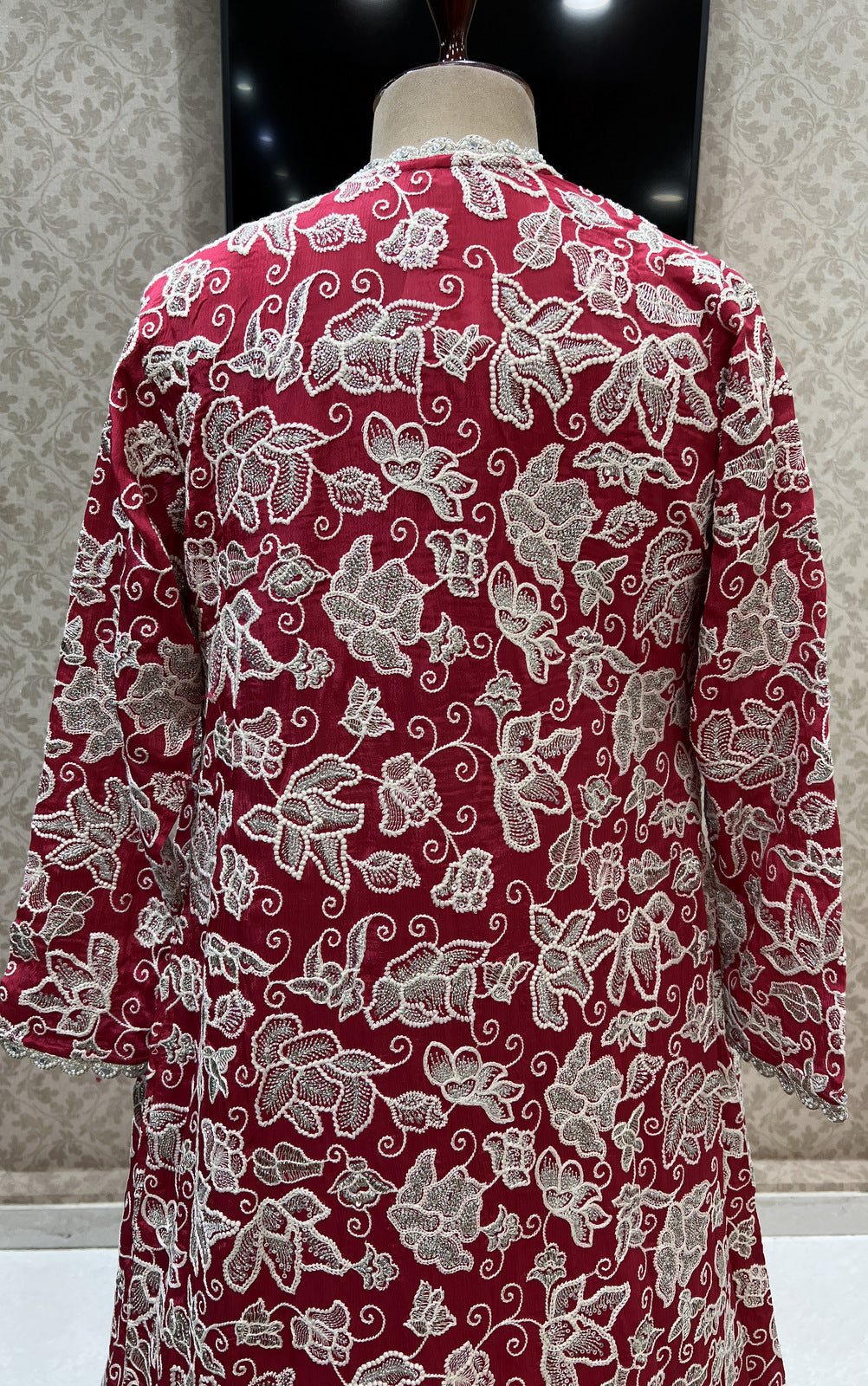 Rani Pink Silver Zari, Thread and Sequins work Long Overcoat Styled Crop Top Lehenga