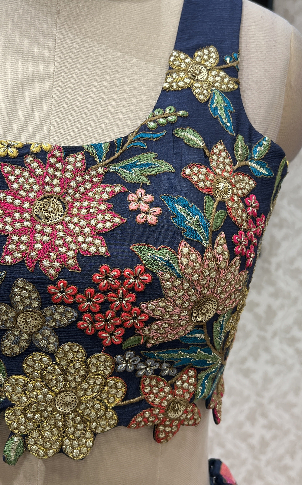 Grey Multicolor Embroidery, Sequins and Zari work Crop Top Lehenga