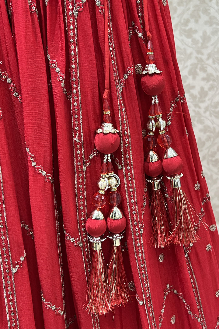 Red Zari, Thread, Stone, Sequins and Crystal Beads work Crop Top Lehenga