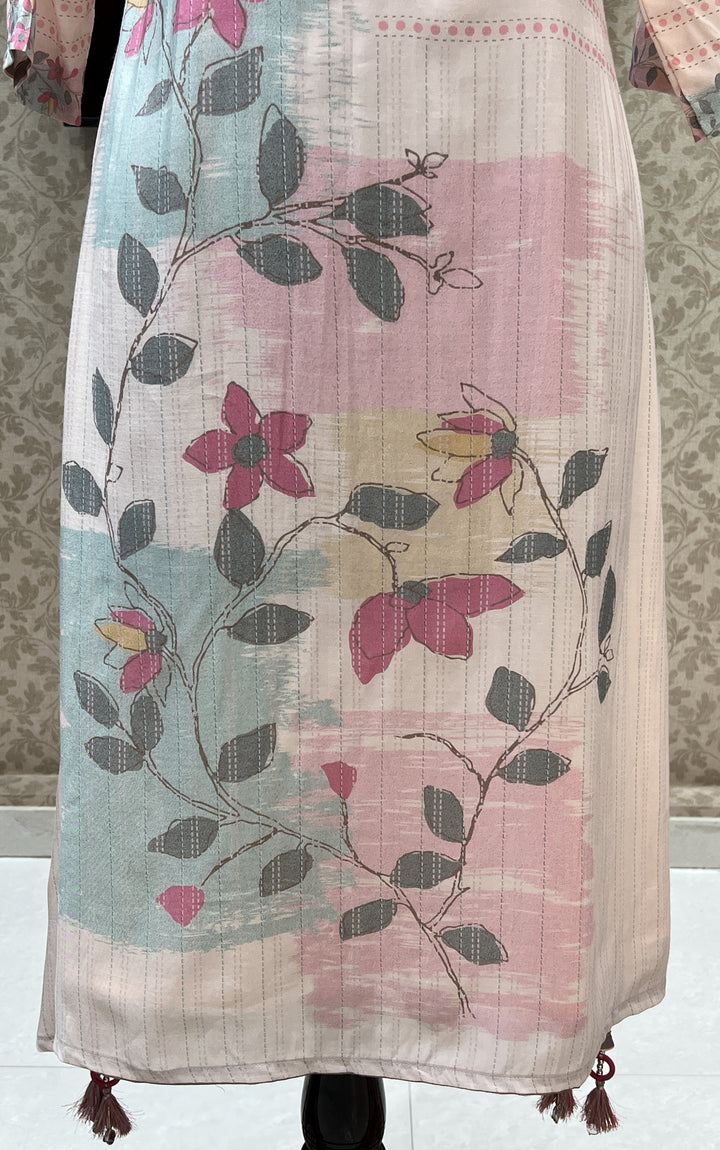 Peach Mirror, Thread and Zari work with Floral Print Calf Length Kurti