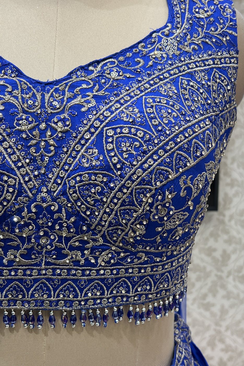 Blue Zari, Thread, Stone, Sequins and Crystal Beads work Crop Top Lehenga