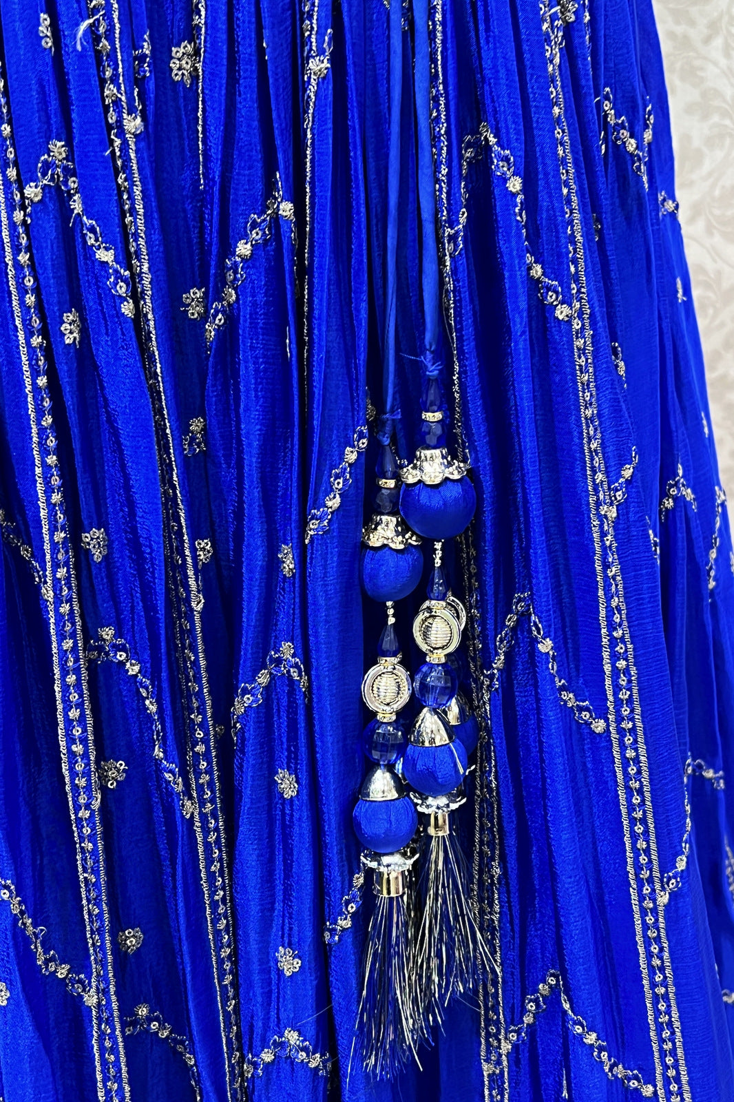 Blue Zari, Thread, Stone, Sequins and Crystal Beads work Crop Top Lehenga