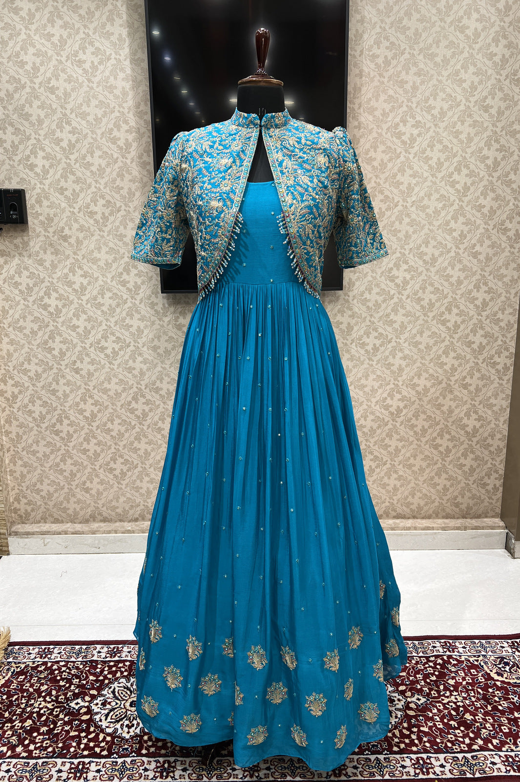 Rama Blue Zari, Thread and Crystal Beads work Jacket Styled Floor Length Anarkali Suit