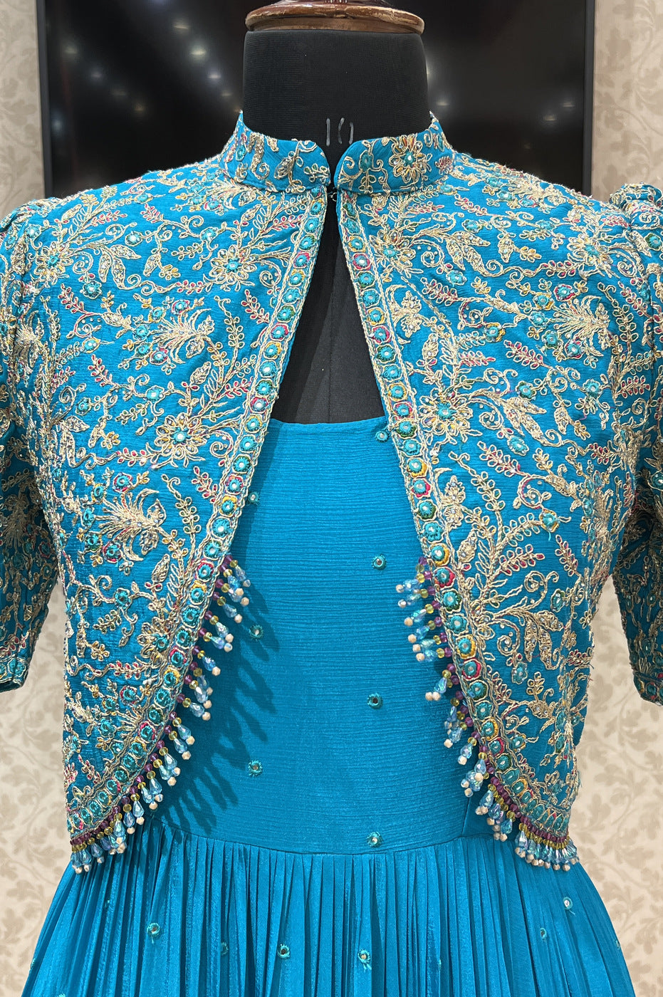 Rama Blue Zari, Thread and Crystal Beads work Jacket Styled Floor Length Anarkali Suit
