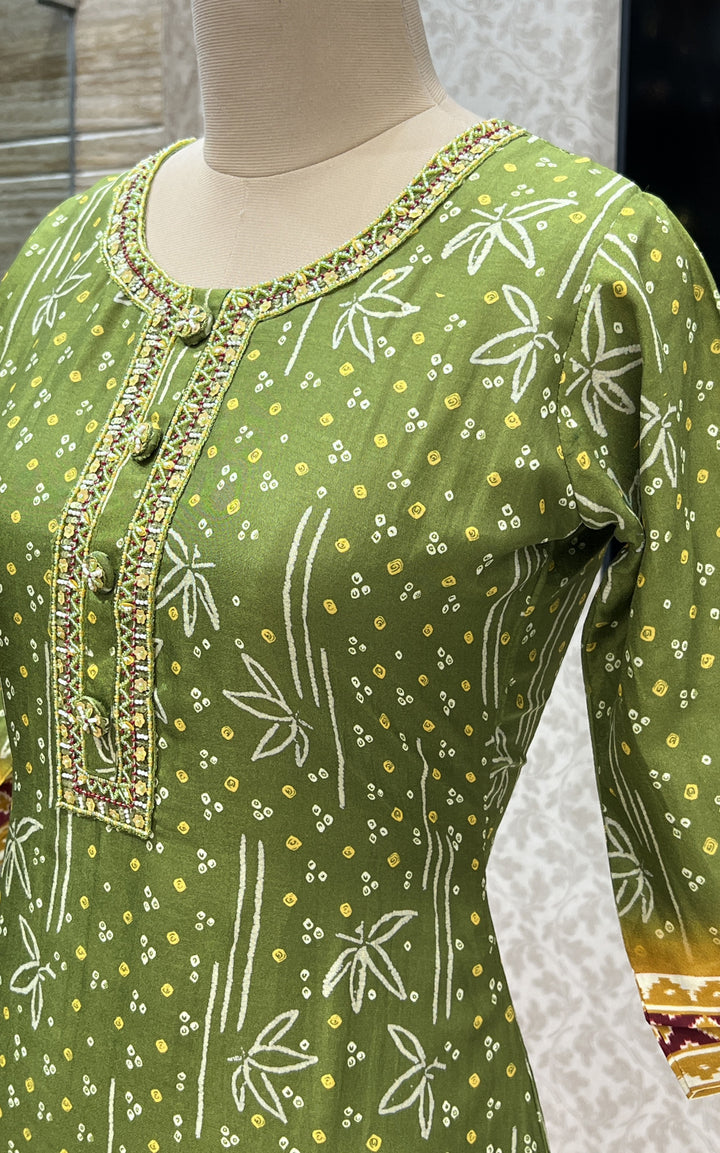 Green Pearl and Sequins work with Bandini Print Calf Length Kurti
