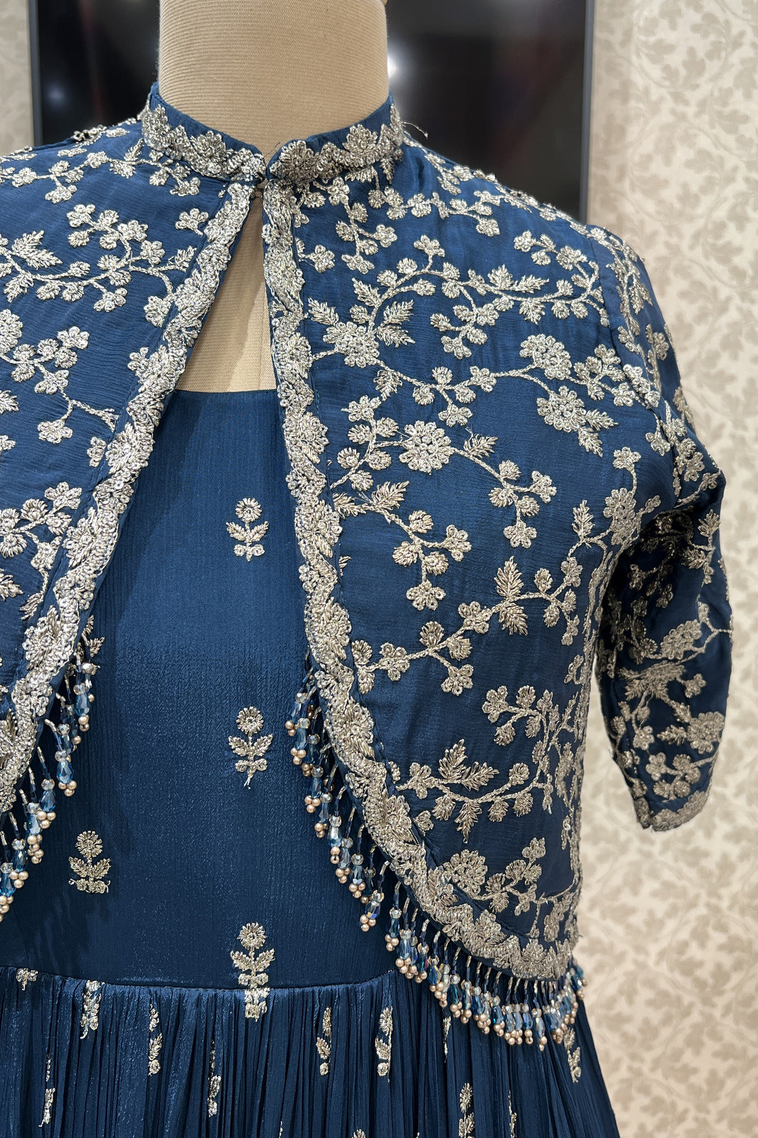 Peacock Blue Zari, Thread and Crystal Beads work Jacket Styled Floor Length Anarkali Suit