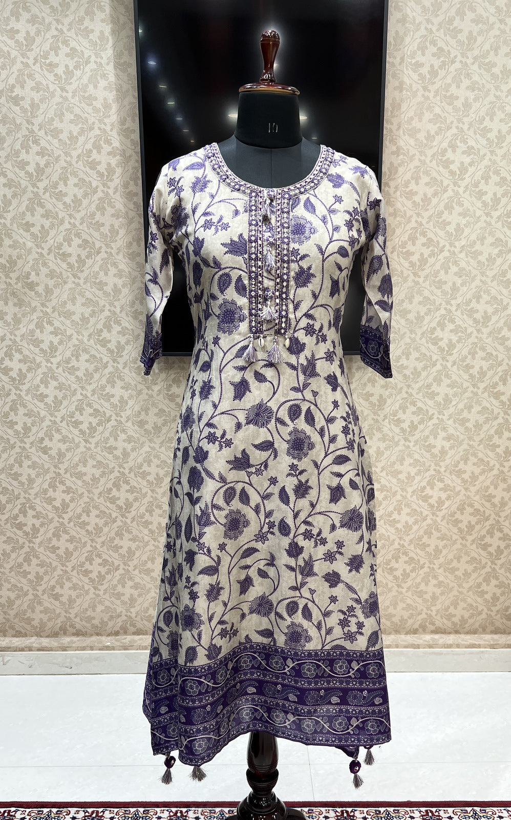 Grey with Purple Digital Print, Mirror and Thread work Calf Length Kurti