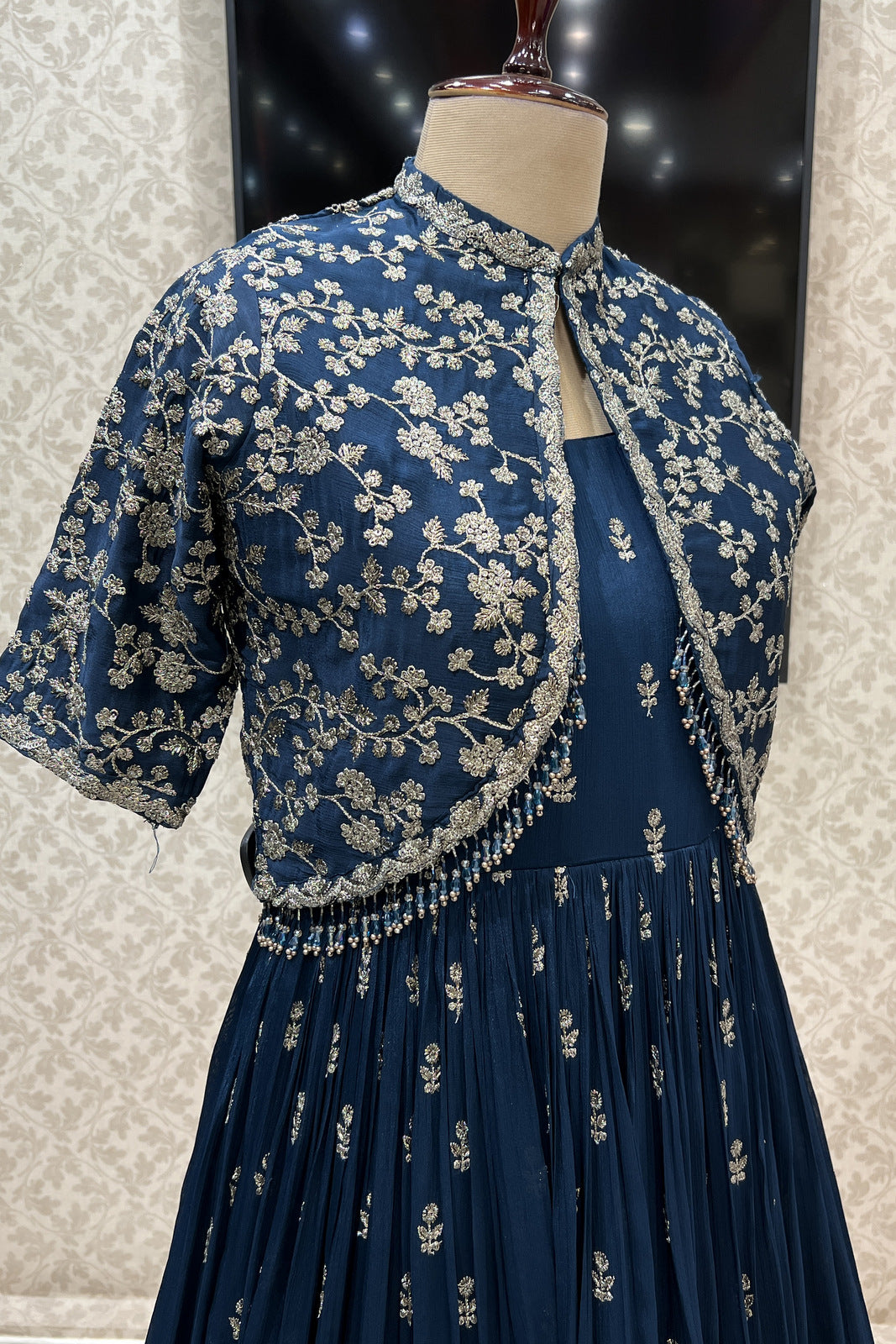 Peacock Blue Zari, Thread and Crystal Beads work Jacket Styled Floor Length Anarkali Suit