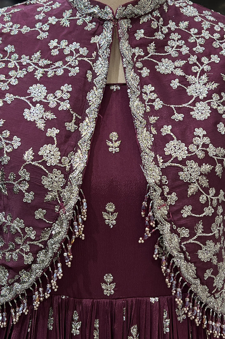 Wine Zari, Thread and Crystal Beads work Jacket Styled Floor Length Anarkali Suit