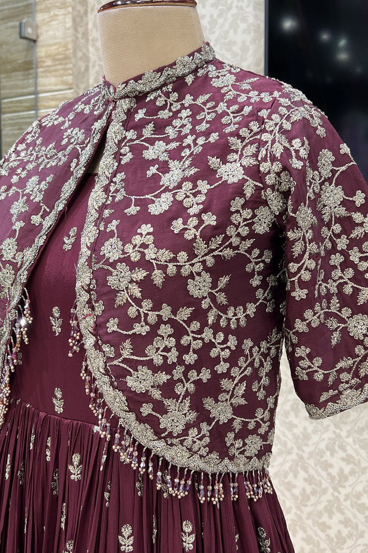 Wine Zari, Thread and Crystal Beads work Jacket Styled Floor Length Anarkali Suit