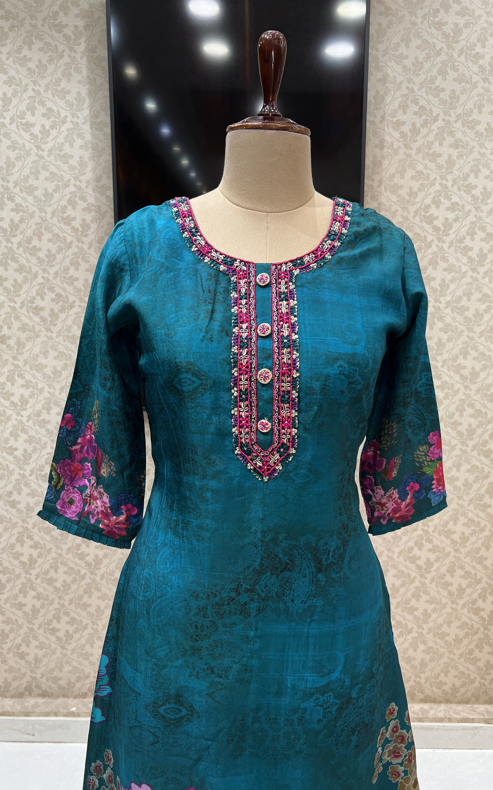 Rama Green Pearl, Sequins and Thread work with Floral Print Calf Length Kurti