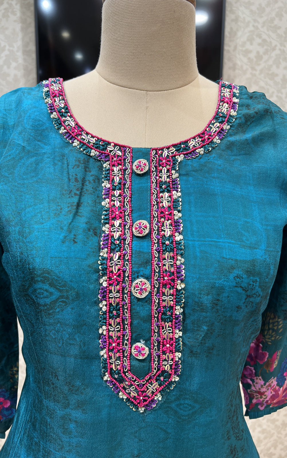 Rama Green Pearl, Sequins and Thread work with Floral Print Calf Length Kurti