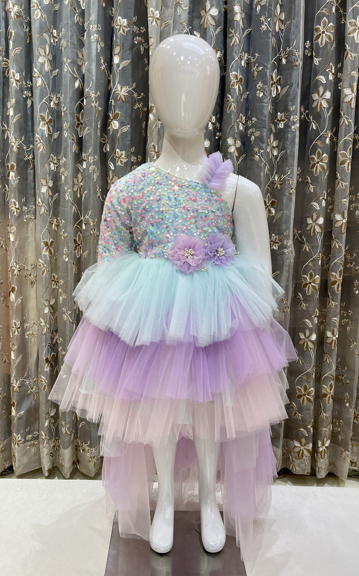 Multicolor Layered Sequins work Short Frock for Girls