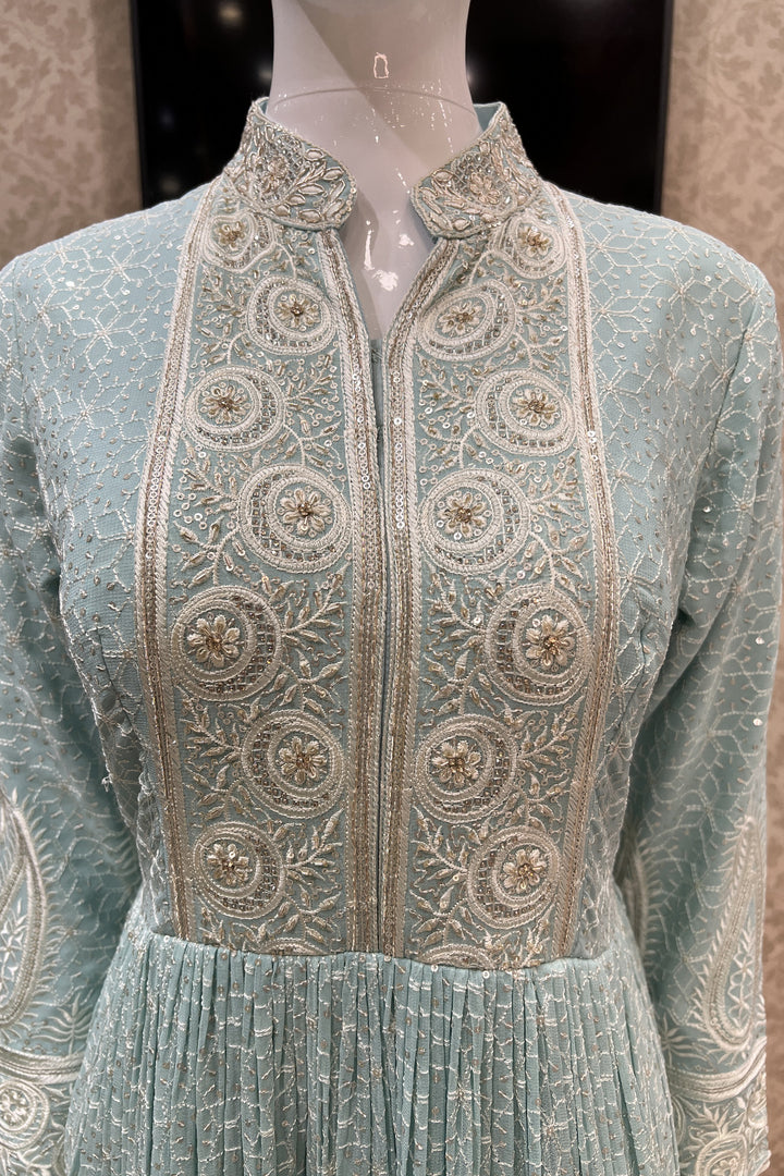 Sky Blue Thread, Sequins and Stone work Floor Length Anarkali Suit