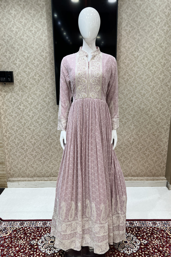 Onion Pink Thread, Sequins and Stone work Floor Length Anarkali Suit