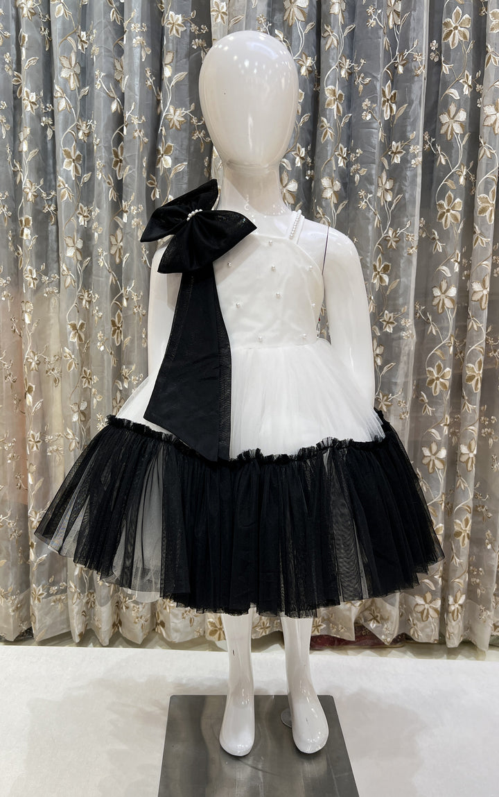 White with Black Pearl work Short Frock for Girls