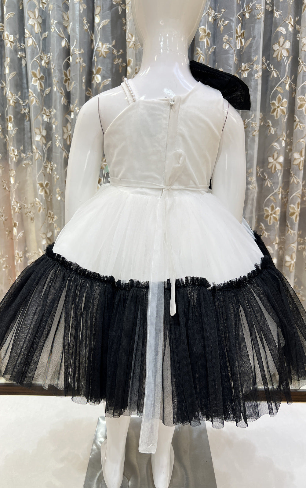 White with Black Pearl work Short Frock for Girls
