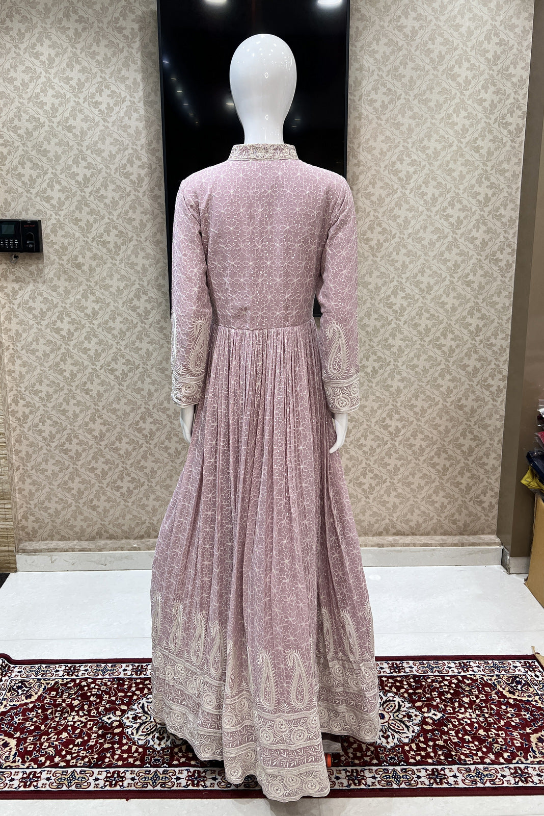 Onion Pink Thread, Sequins and Stone work Floor Length Anarkali Suit