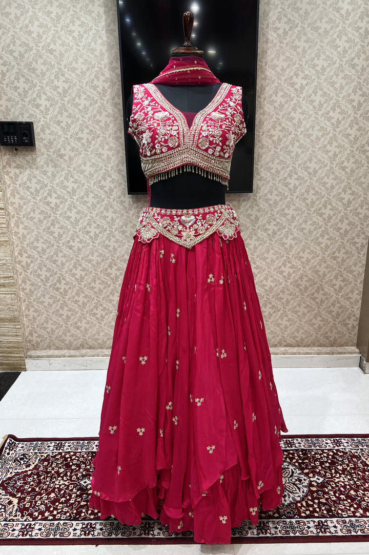 Rani Pink Sequins, Beads, Pearl and Zari Thread work Crop Top Lehenga
