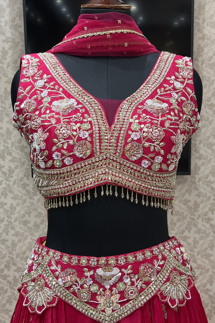 Rani Pink Sequins, Beads, Pearl and Zari Thread work Crop Top Lehenga