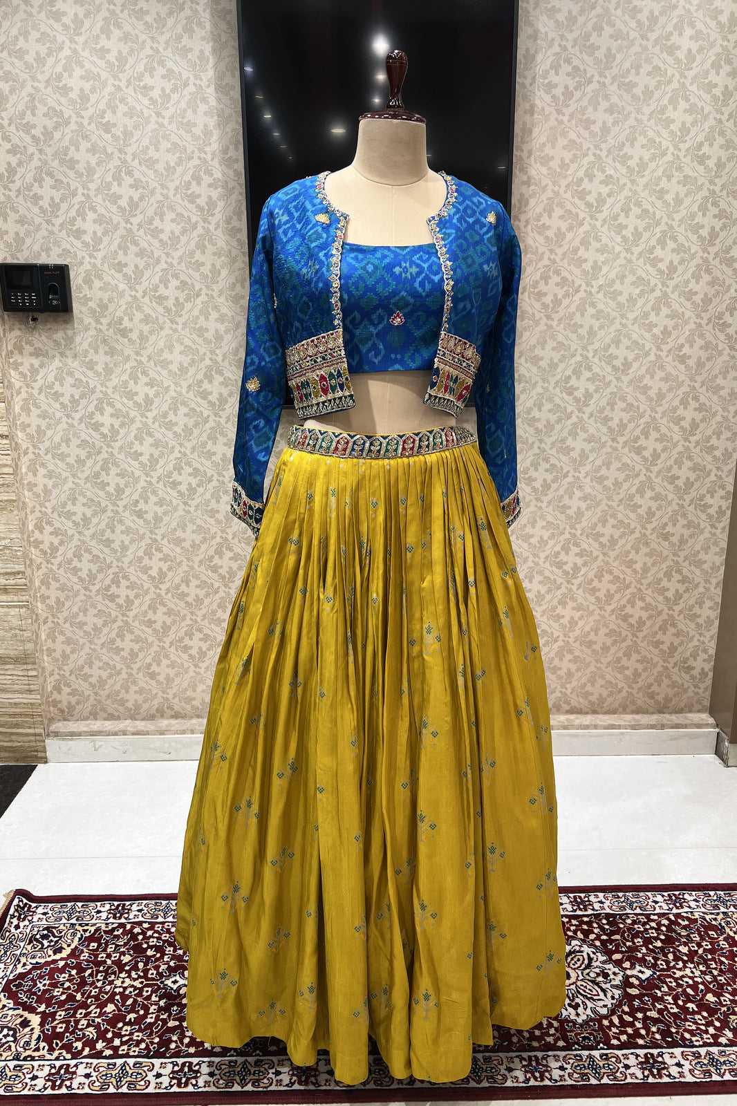 Blue with Yellow Sequins, Beads, Zardozi and Mirror work Jacket Styled Crop Top Lehenga