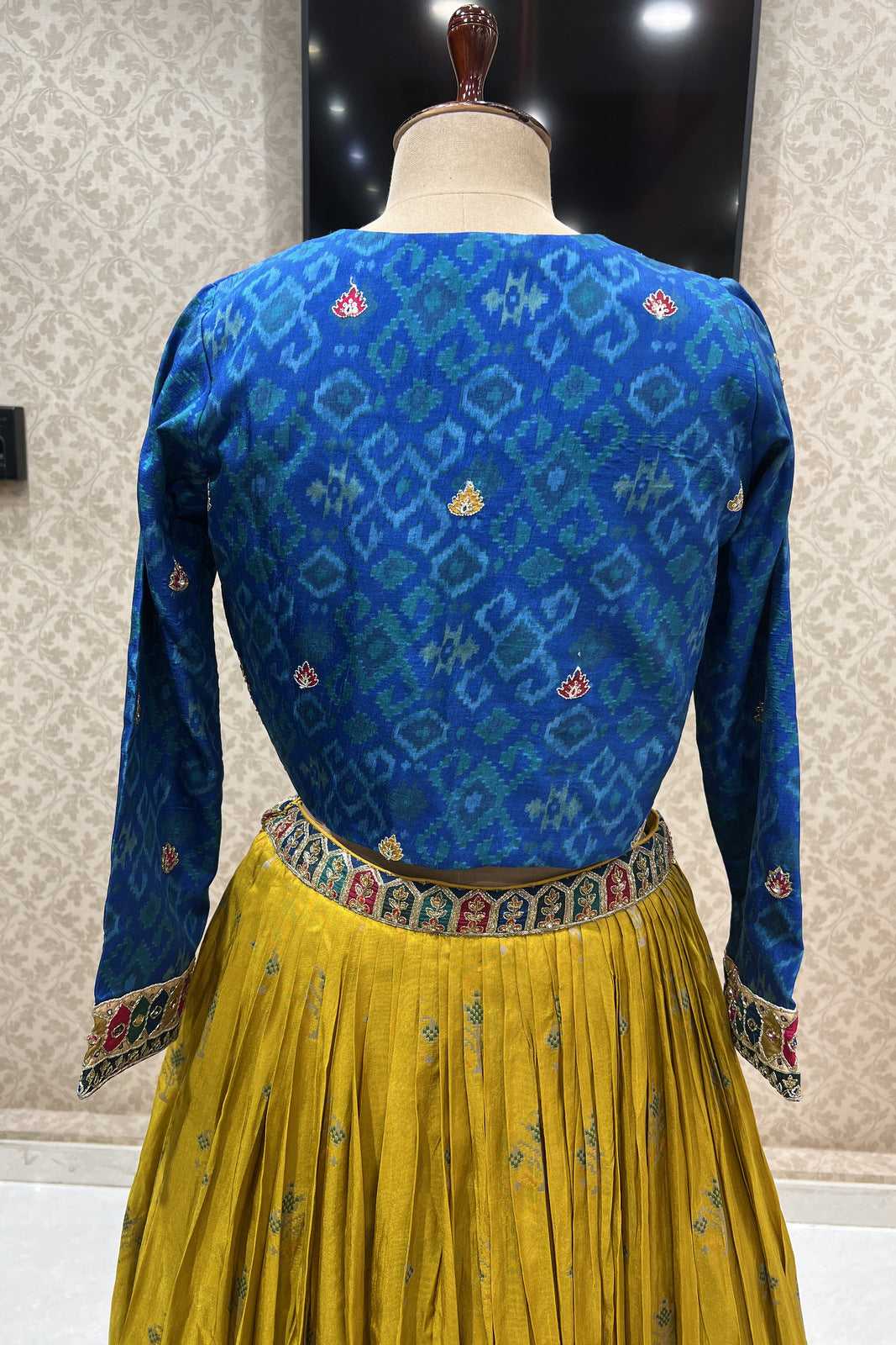 Blue with Yellow Sequins, Beads, Zardozi and Mirror work Jacket Styled Crop Top Lehenga
