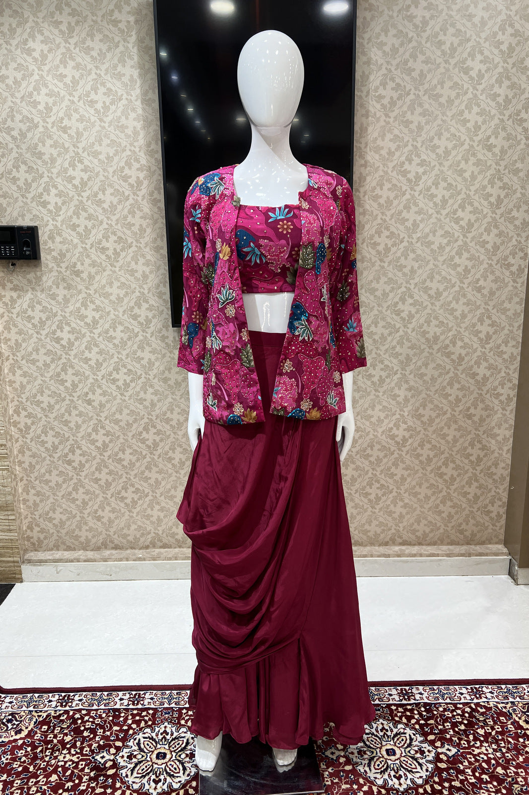 Rani Pink with Multicolor Digital Print Overcoat Styled Cowl Lehenga with Crop Top