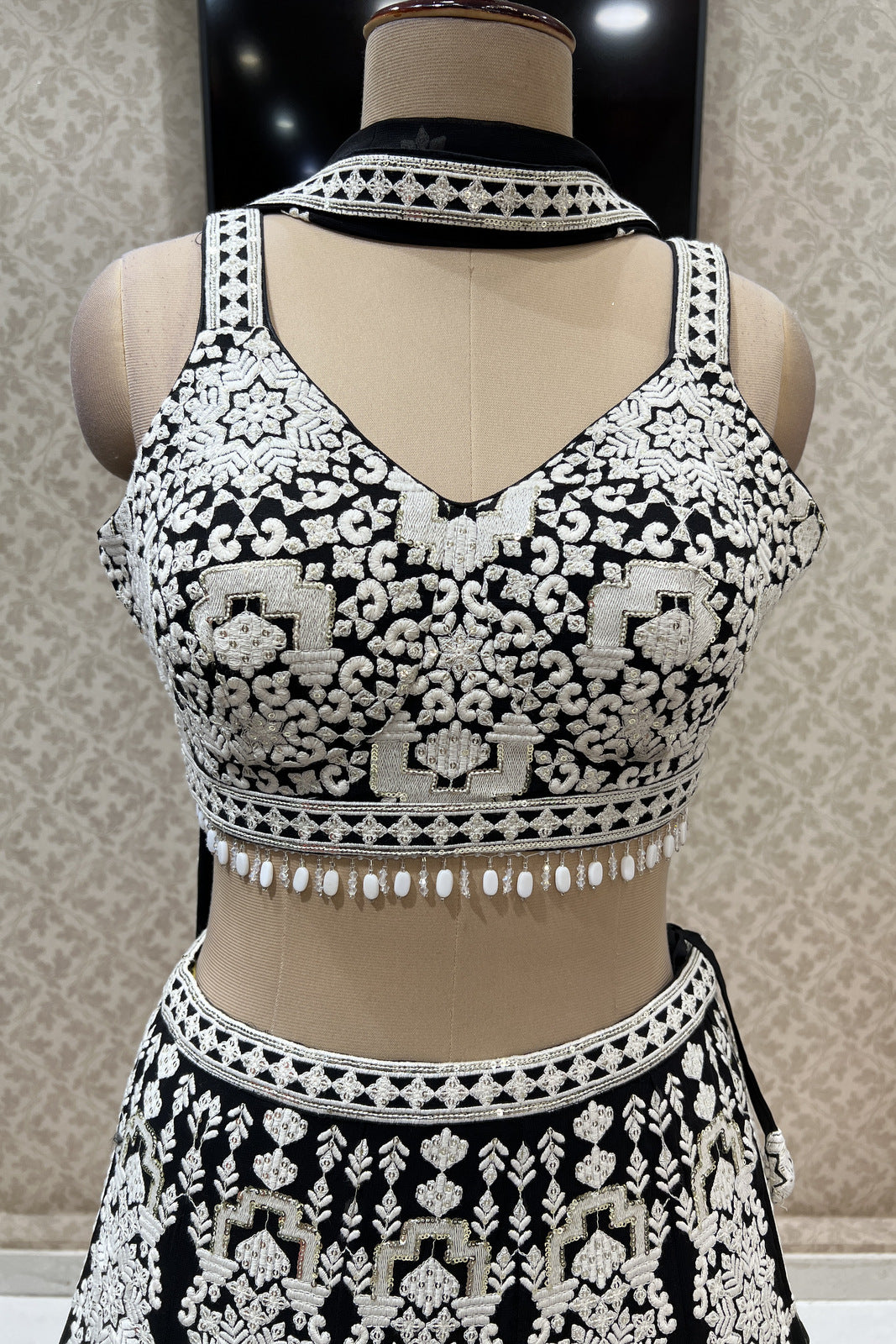Black with White Embroidery, Sequins and Beads work Crop Top Lehenga