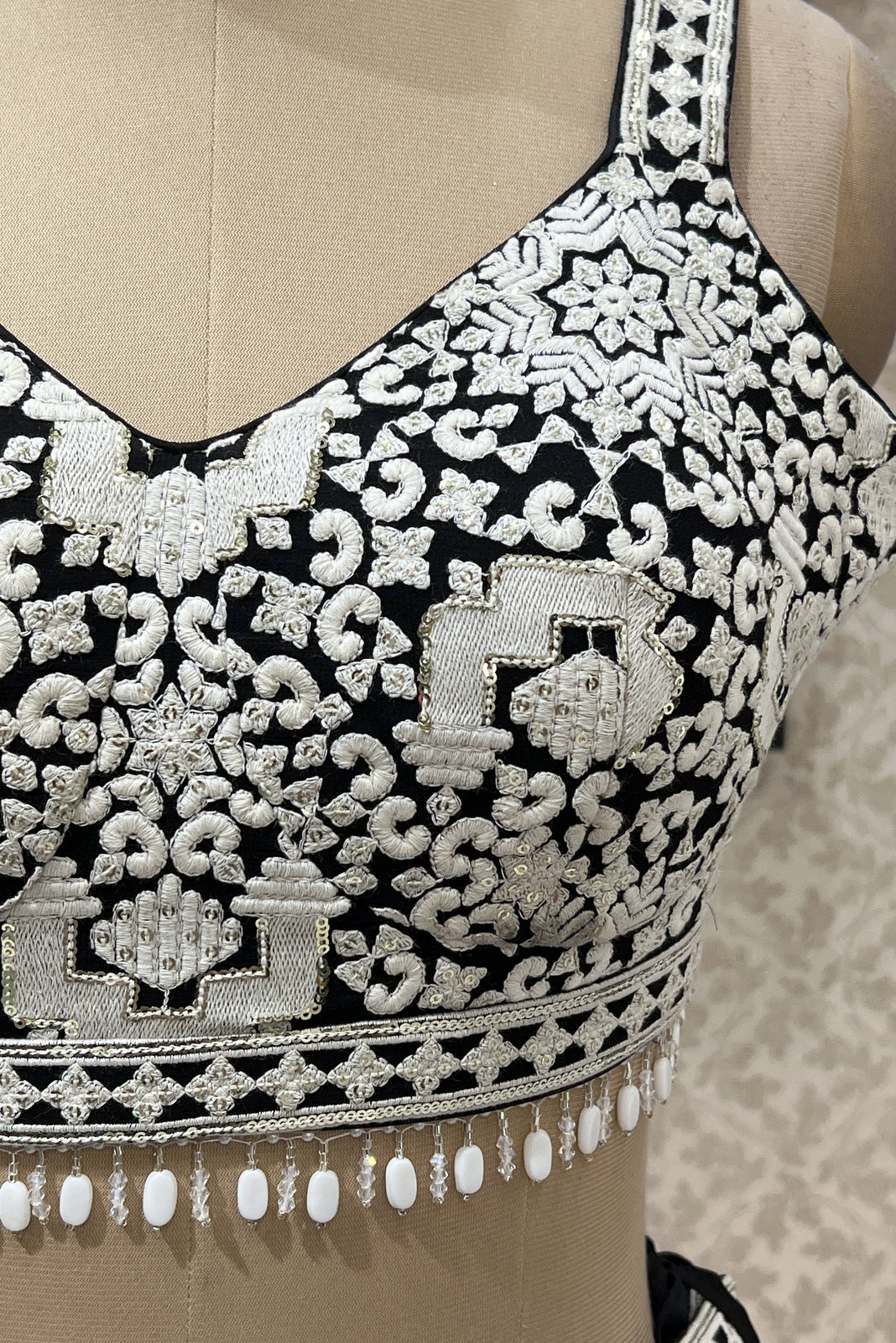 Black with White Embroidery, Sequins and Beads work Crop Top Lehenga