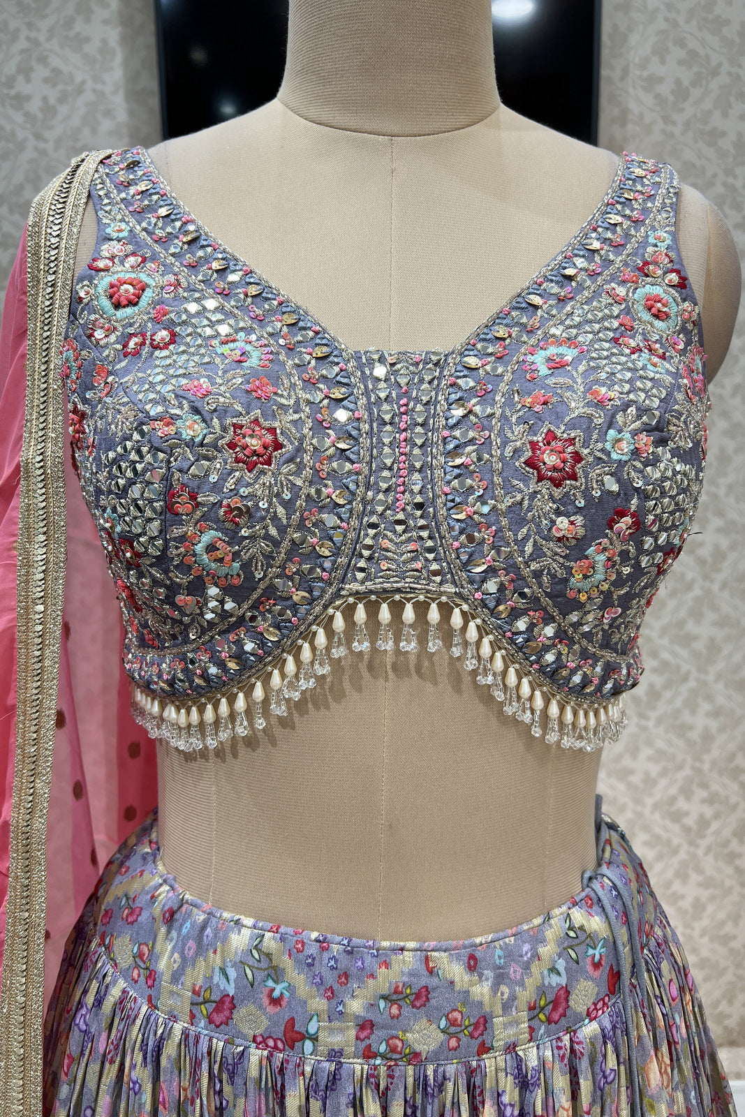 Grey Mirror, Embroidery, Zari, Beads and Banaras work Crop Top Lehenga