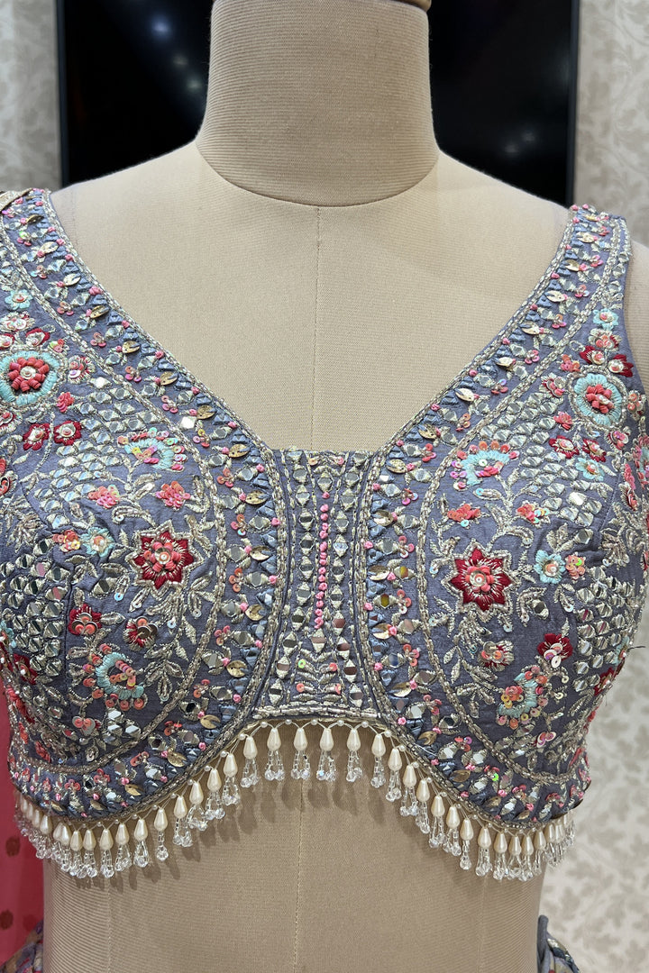 Grey Mirror, Embroidery, Zari, Beads and Banaras work Crop Top Lehenga