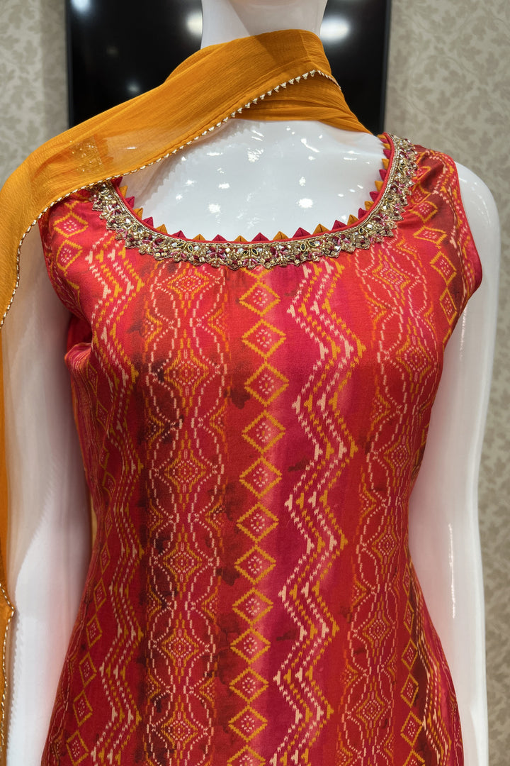 Red Banaras, Mirror and Beads work with Digital Print Straight Cut Salwar Suit