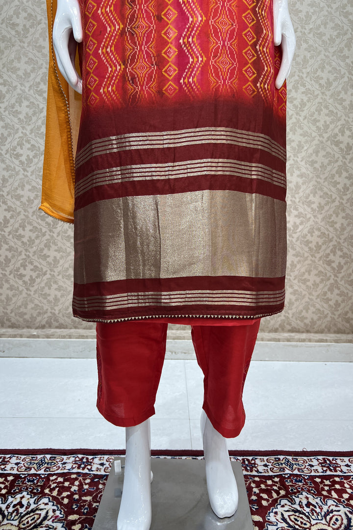 Red Banaras, Mirror and Beads work with Digital Print Straight Cut Salwar Suit