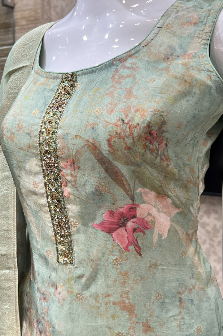 Pista Green Banaras Butta and Beads work with Floral Print Straight Cut Salwar Suit