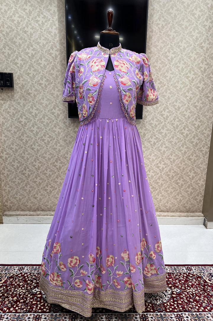 Lavender Multicolor Sequins, Thread and Beads work Jacket Styled Floor Length Anarkali Suit
