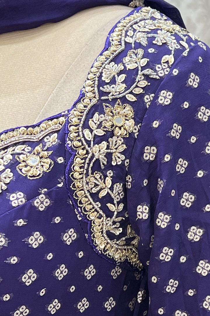 Purple Banaras, Sequins, Beads and Zari work Crop Top Lehenga