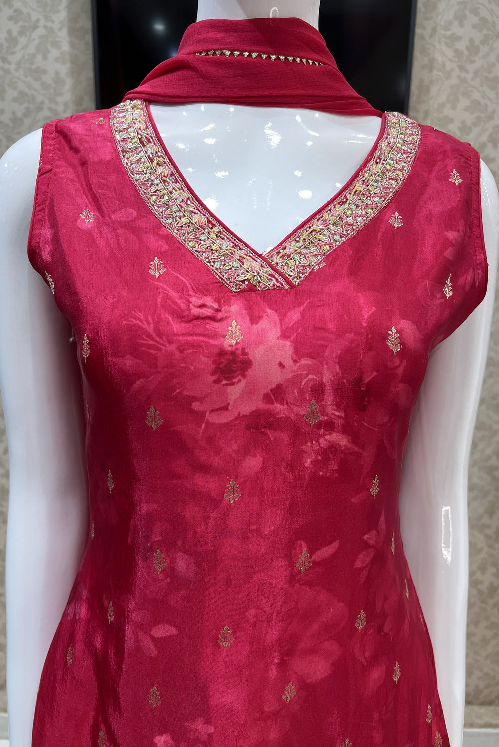 Tomato Red Banaras Butta and Beads work with Floral Print Straight Cut Salwar Suit