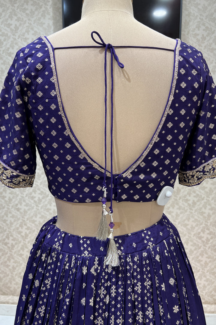 Purple Banaras, Sequins, Beads and Zari work Crop Top Lehenga