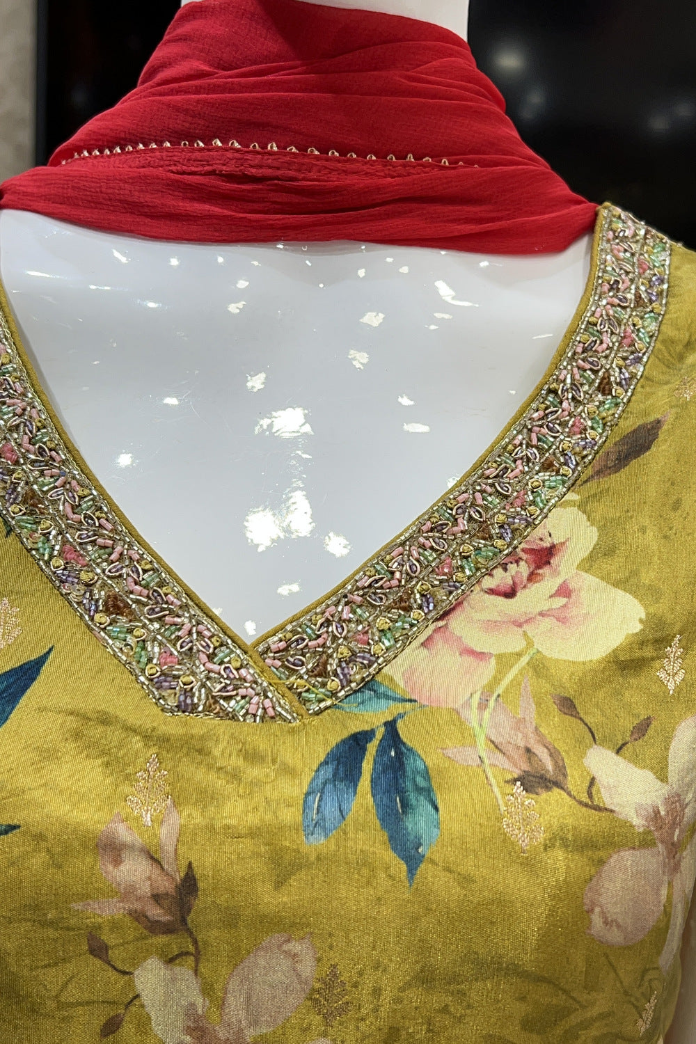 Mehendi Green Banaras Butta and Beads work with Floral Print Straight Cut Salwar Suit