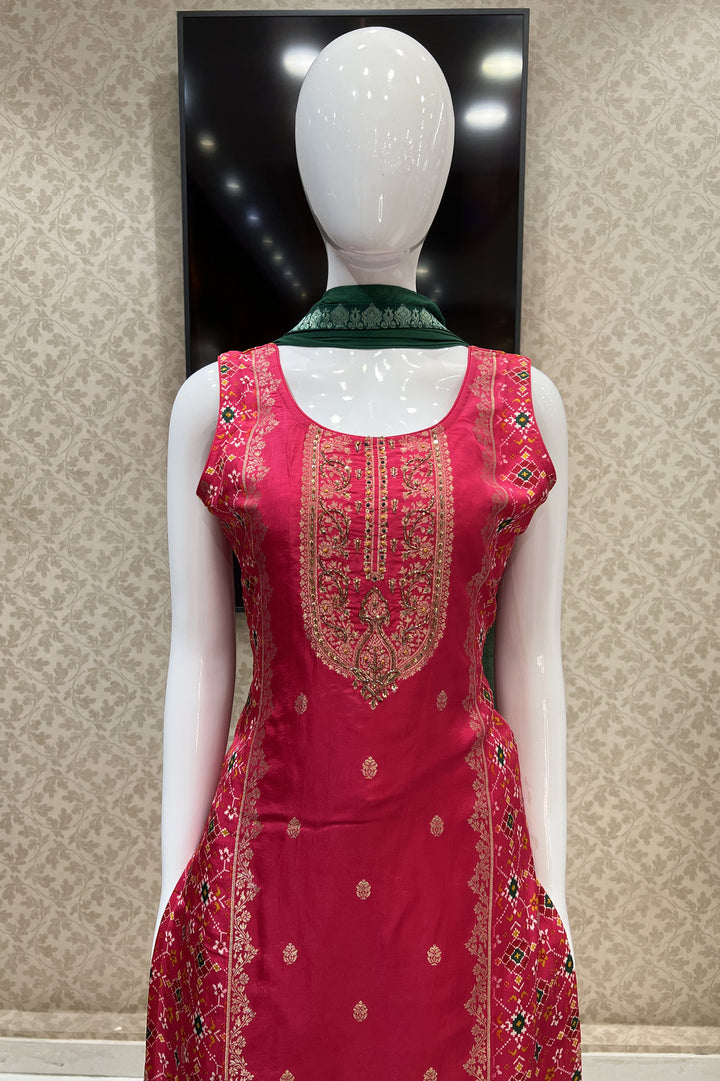 Rani Pink Banaras Butta and Beads work with Patola Print Straight Cut Salwar Suit