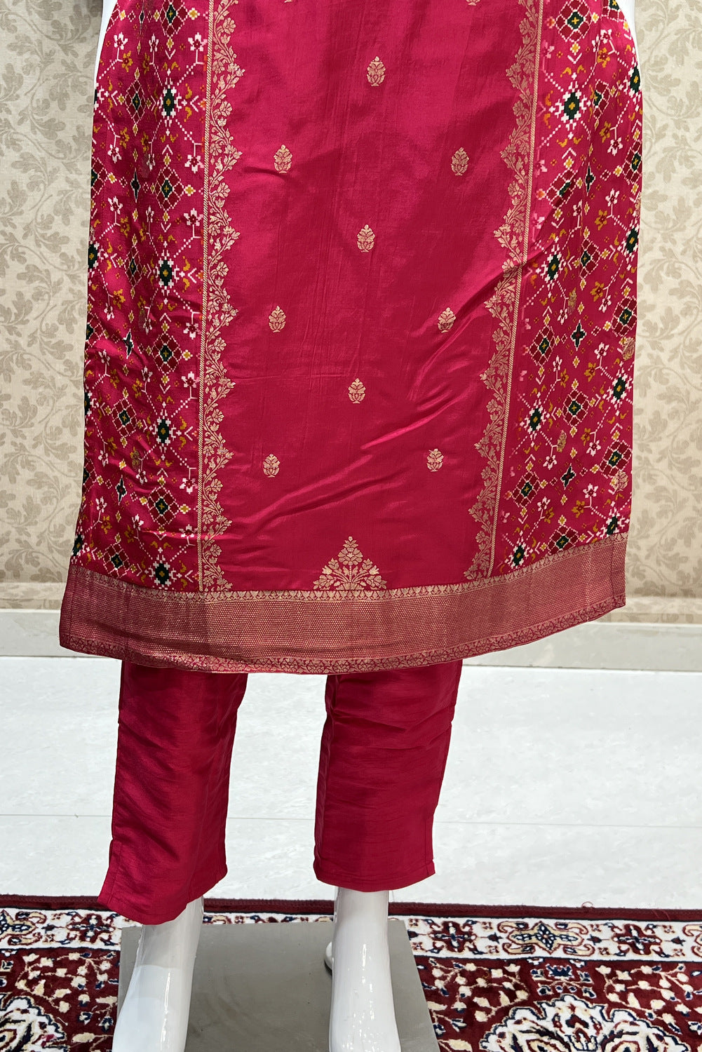 Rani Pink Banaras Butta and Beads work with Patola Print Straight Cut Salwar Suit