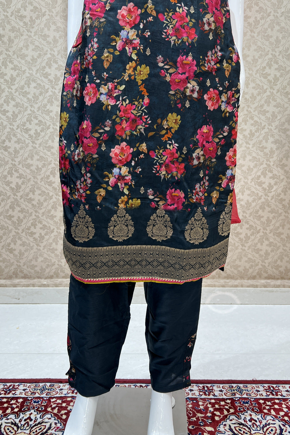 Dark Green Banaras Butta and Beads work with Floral Print Straight Cut Salwar Suit