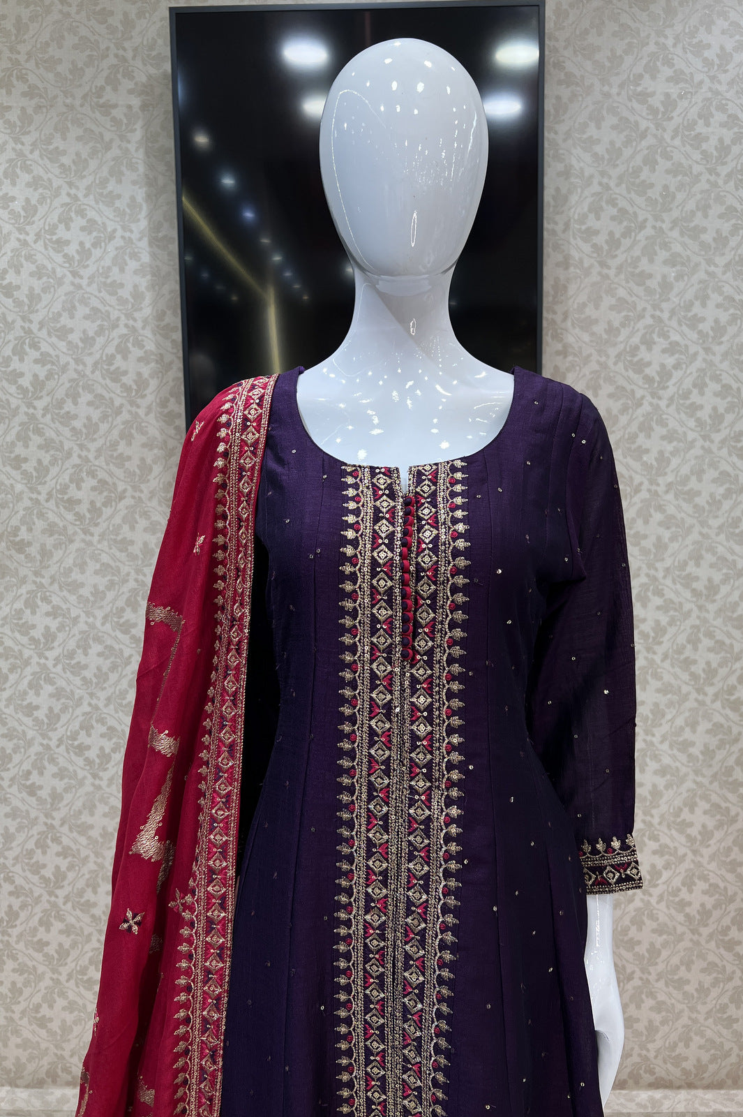 Purple Sequins and Zari Thread work Straight Cut Salwar Suit