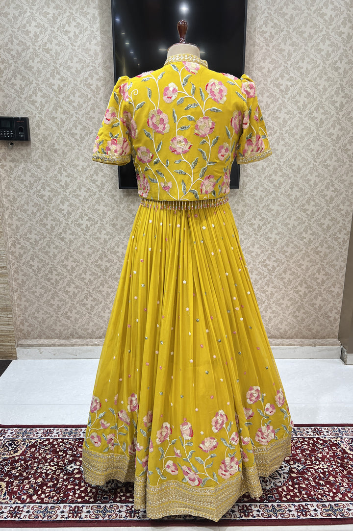 Yellow Multicolor Sequins, Thread and Beads work Jacket Styled Floor Length Anarkali Suit