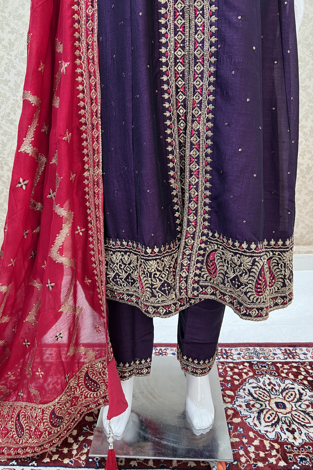 Purple Sequins and Zari Thread work Straight Cut Salwar Suit