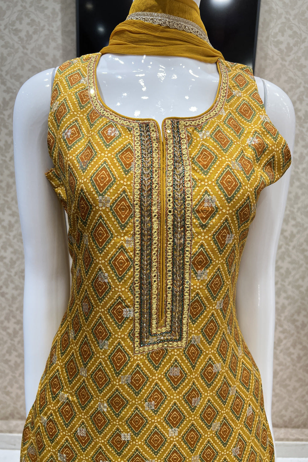 Mustard Banaras Butta and Beads work with Digital Print Straight Cut Salwar Suit
