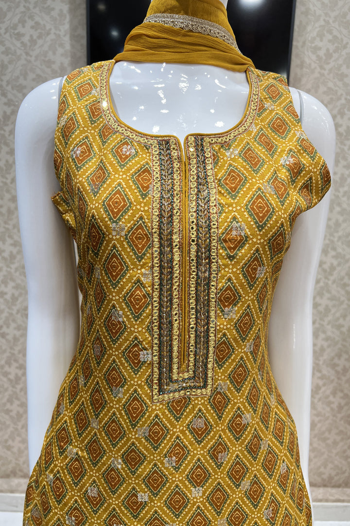 Mustard Banaras Butta and Beads work with Digital Print Straight Cut Salwar Suit