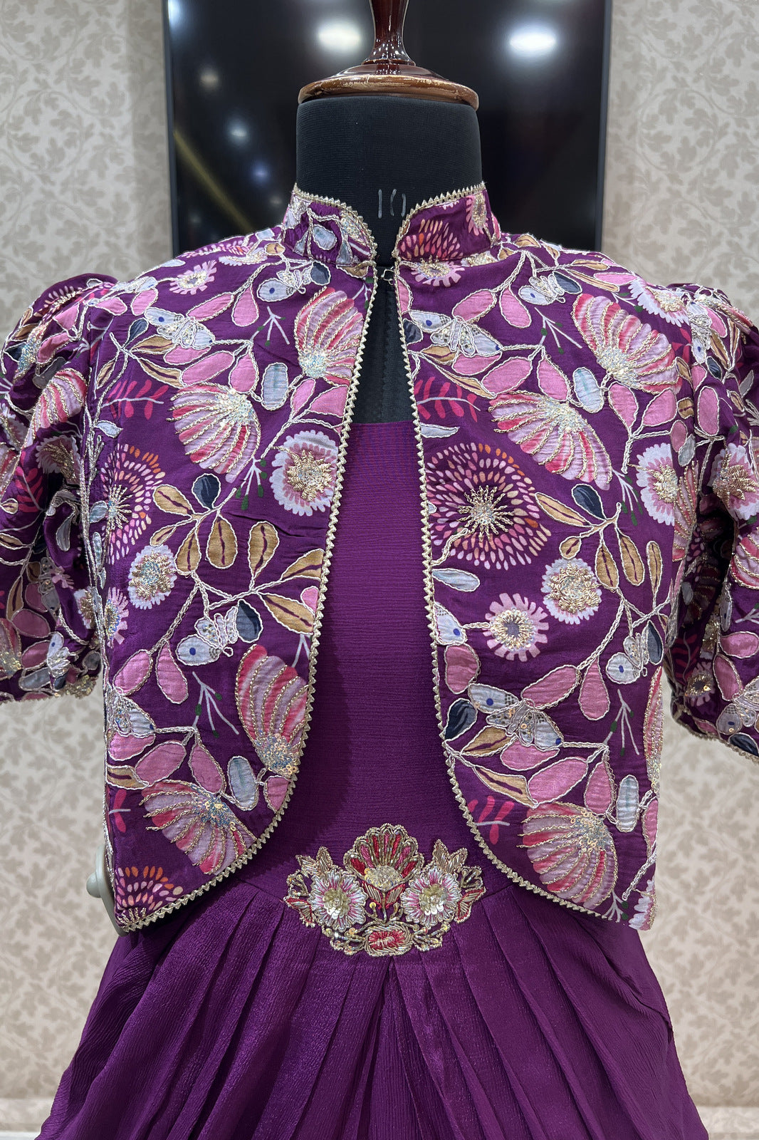 Wine Digital Print, Zari and Sequins work Jacket Styled Floor Length Anarkali Suit